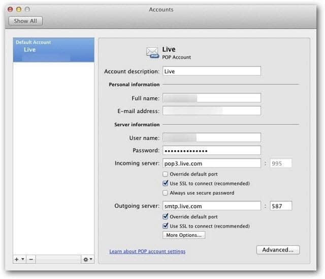 Microsoft Outlook Mac 2011: iestatiet Windows Live Mail, izmantojot POP3