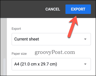 Poga Eksportēt Google izklājlapas PDF formātā