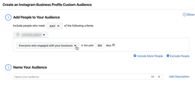 loga Izveidot Instagram uzņēmuma profila pielāgoto auditoriju ekrānuzņēmums ar noklusējuma iestatījumiem Ikviens, kurš pēdējo 365 dienu laikā ir iesaistījies jūsu uzņēmumā