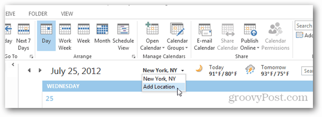 Outlook 2013 kalendāra laikapstākļu apskate — noklikšķiniet uz Pievienot atrašanās vietu