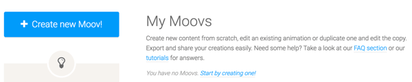 Lai sāktu darbu ar Moovly, noklikšķiniet uz pogas Izveidot jaunu Moov.