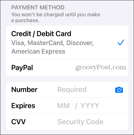 pievienot maksājuma veidu Apple kontu
