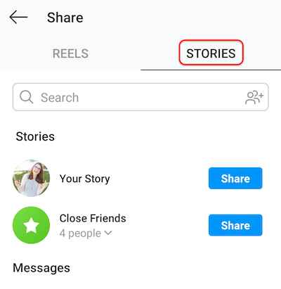 instagram ievietošanas ekrāna ekrānuzņēmums, kurā redzama cilne stāsti, ļaujot ruļļus kopīgot ar jūsu stāstu vai tuvu draugu sarakstu