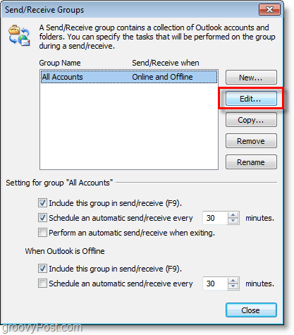 Outlook 2010 ekrānuzņēmums — kontu rediģēšana