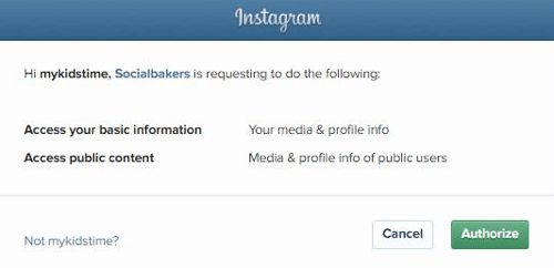Pilnvarojiet Socialbakers piekļūt jūsu Instagram konta informācijai.