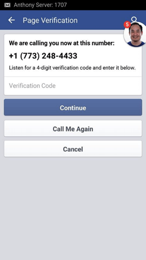 Gaidiet zvanu no Facebook un pierakstiet jums piešķirto četrciparu verifikācijas kodu.