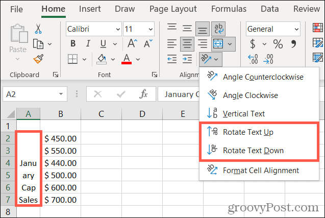 Programmā Excel pagrieziet tekstu uz augšu vai uz leju
