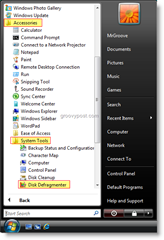 Palaidiet diska defragmentētāju no Windows Vista izvēlnes Sākt