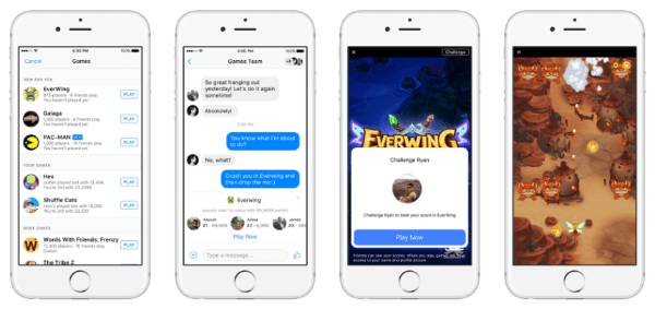 Messenger un Facebook ziņu plūsmā gan mobilajam, gan tīmeklim Facebook uzsāka Instant Games, jaunu HTML5 starpplatformu spēļu pieredzi.