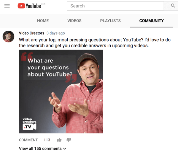 YouTube kopienas cilnes ziņas piemērs.
