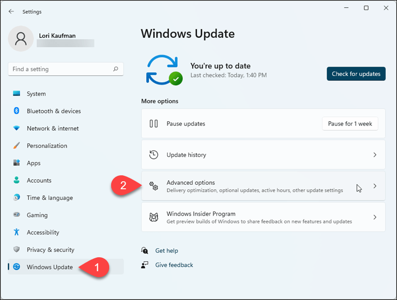 Windows 11 iestatījumos dodieties uz Windows atjaunināšana> Papildu opcijas