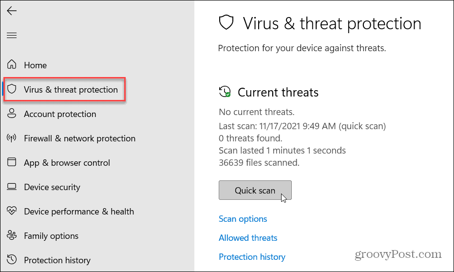 Aizsardzība pret vīrusiem un draudiem Windows 11