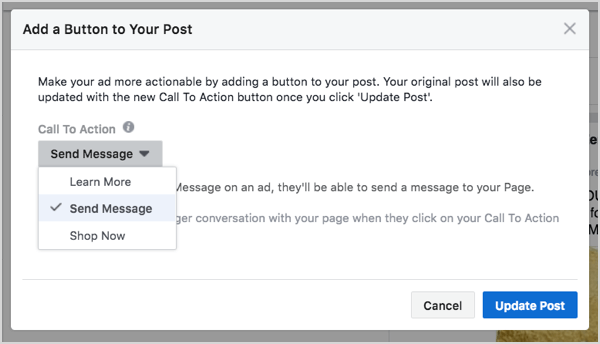 Facebook Messenger pogas izvēle reklāmas izveidē.