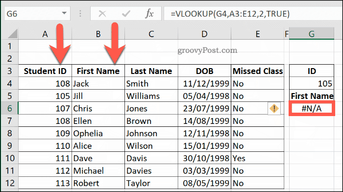Vēl viens NA kļūdas piemērs ar VLOOKUP programmā Excel, jo datu diapazons nav kārtots pareizi