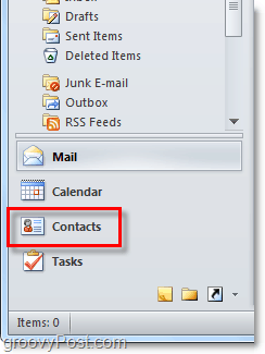 Piekļūstiet kontaktpersonu sarakstam programmā Outlook 2010
