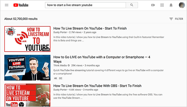 Meklējiet vietnē YouTube, kā sākt YouTube tiešraides straumi, un top meklēšanas rezultātos tiek rādīti divi Dusty Porter videoklipi.