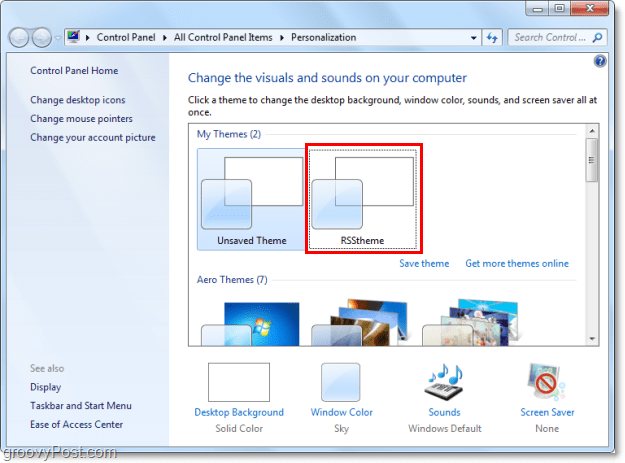 izvēlieties jauno rss tēmu Windows 7