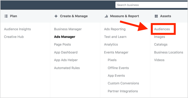 Atveriet Facebook Ads Manager un atlasiet Mērķauditorijas.