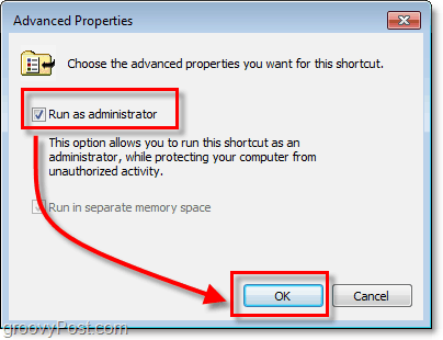 uzlaboto rekvizītu logu, lai darbotos kā administrators Windows 7 saīsnēm
