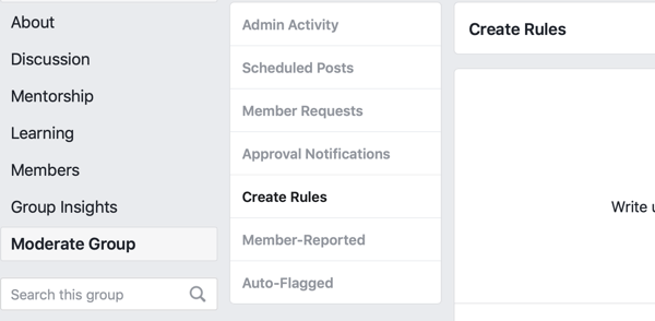 Kā uzlabot savu Facebook grupas kopienu, Facebook izvēlnes opcija, lai izveidotu kārtulas, kā regulēt savu grupu