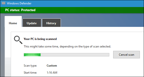 Windows Defender skenēšana
