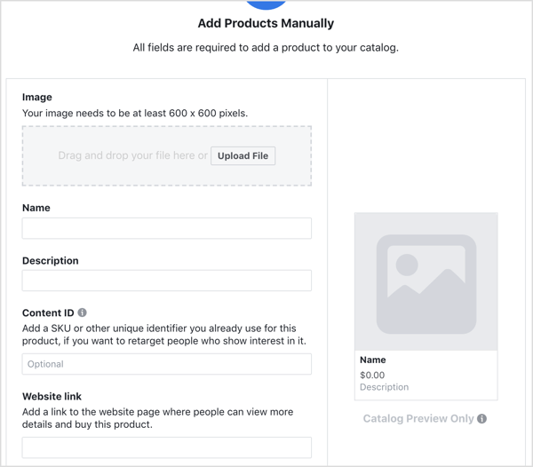 Ievadiet informāciju, lai pievienotu produktu savam Facebook katalogam.