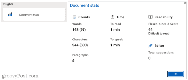 Microsoft redaktora dokumentu statistika