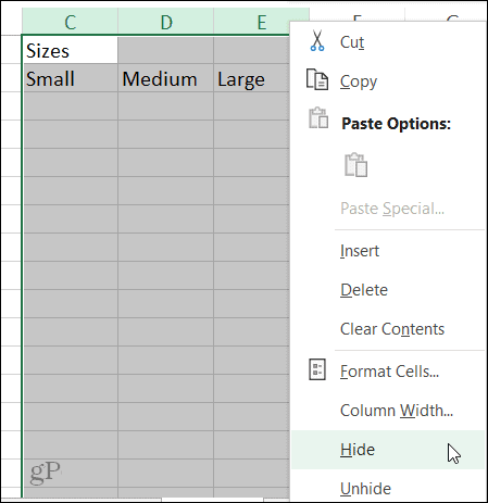 Slēpt kolonnu saīsni programmā Excel sistēmā Windows