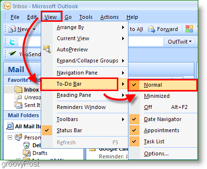 Outlook 2007 uzdevumu josla - pielāgojiet skatu normālam