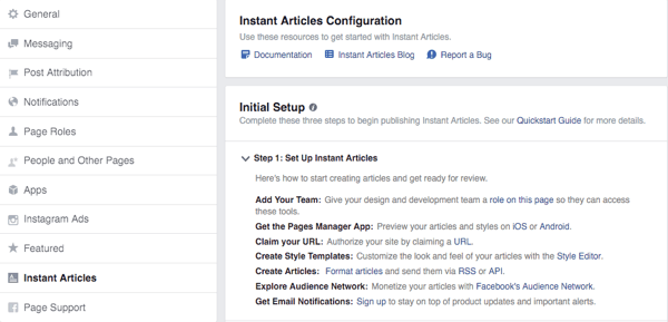 facebook tūlītējo rakstu konfigurācijas ekrāns