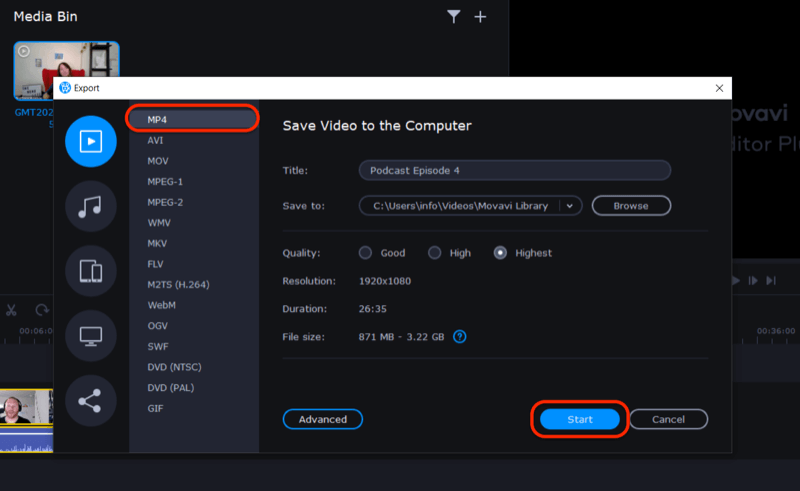 eksportēt video failu Movavi Video Editor Plus