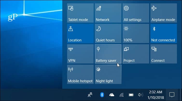 Windows 10 akumulatora taupītāja darbības centrs