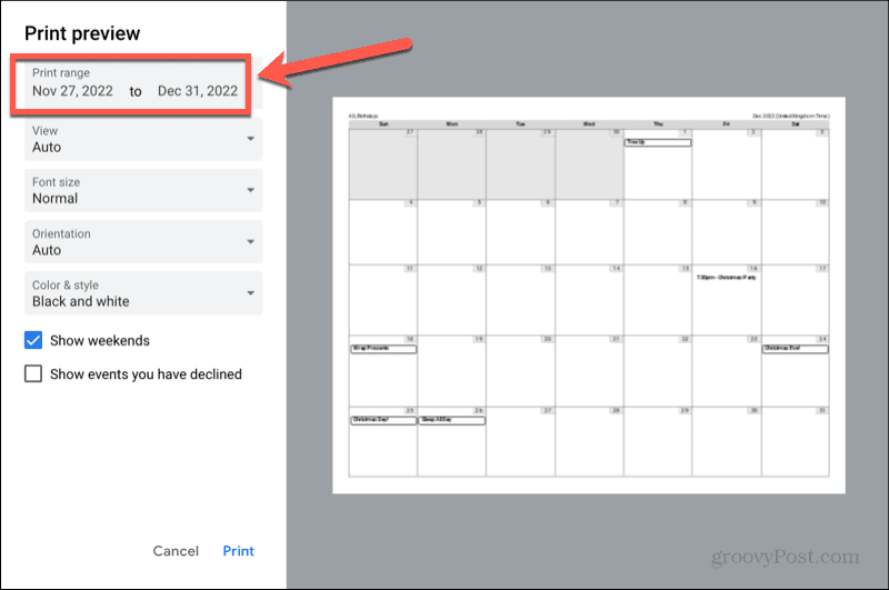 Google kalendāra drukas diapazons