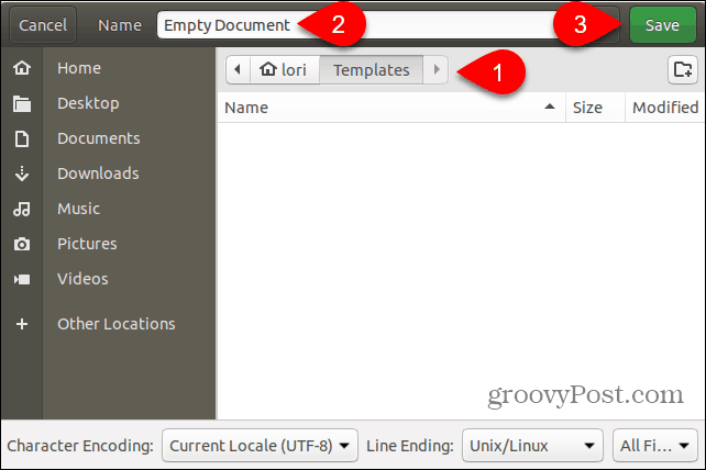 Saglabājiet tukša dokumenta veidnes failu mapē Veidnes Ubuntu