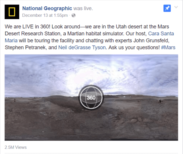 Facebook šonedēļ uzsāka Live 360 ​​video ar National Geographic ziņojumu no Marsa tuksneša izpētes stacijas objekta Jūtā.