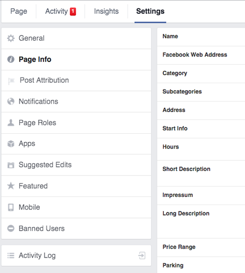 facebook lapas informācijas iestatījumu cilne