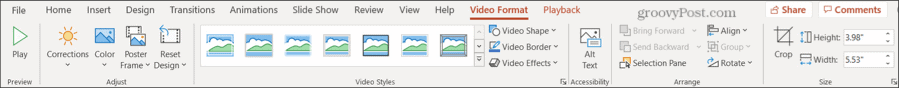 Video formāta cilne programmā PowerPoint
