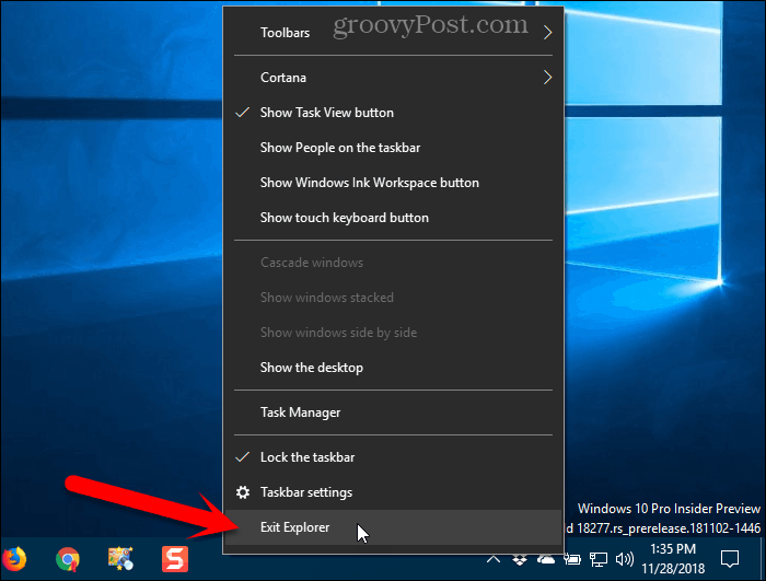 Windows 10 uzdevumjoslas konteksta izvēlnē atlasiet Exit Explorer
