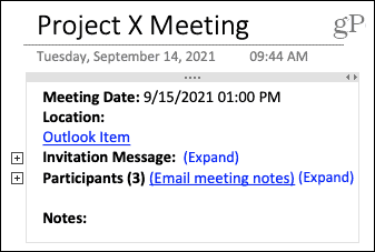 Detalizēta sapulces informācija OneNote operētājsistēmā Mac
