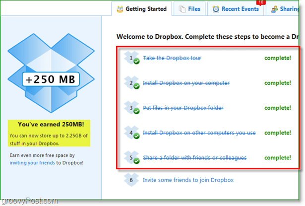 Dropbox ekrānuzņēmums - ātri atalgots 250 MB vietas
