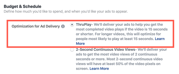 Facebook ThruPlay optimizācija videoreklāmām, 2. darbība.