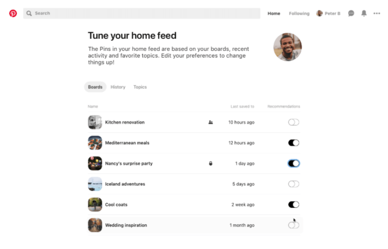 Pinterest atvieglo mājas plūsmā redzamo ieteikumu kontroli ar jaunu mājas plūsmas uztvērēju un piespraudes līmeņa vadību.