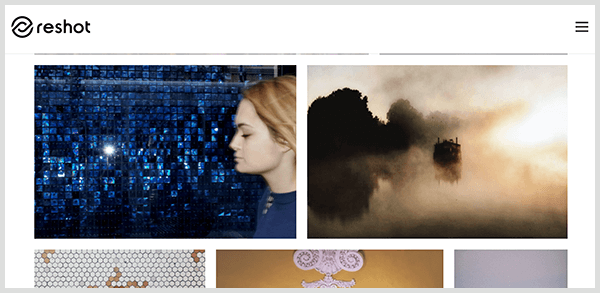 Reshot ir akciju foto vietne ar apstrādātiem attēliem. Fotoattēlu bibliotēkas ekrānuzņēmums vietnē Reshot ietver baltas sievietes profilu ar gaišiem matiem zaigojošu zilu flīžu priekšā un miglainu ainavu ar silueta kokiem.