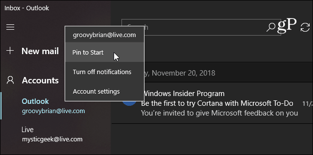 Piespraust e-pastu Windows 10 Start Mail lietotne