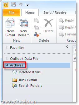 kā piekļūt arhivētiem e-pastiem no programmas Outlook 2010