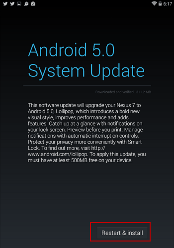 restartējiet Nexus 7 un instalējiet android 5