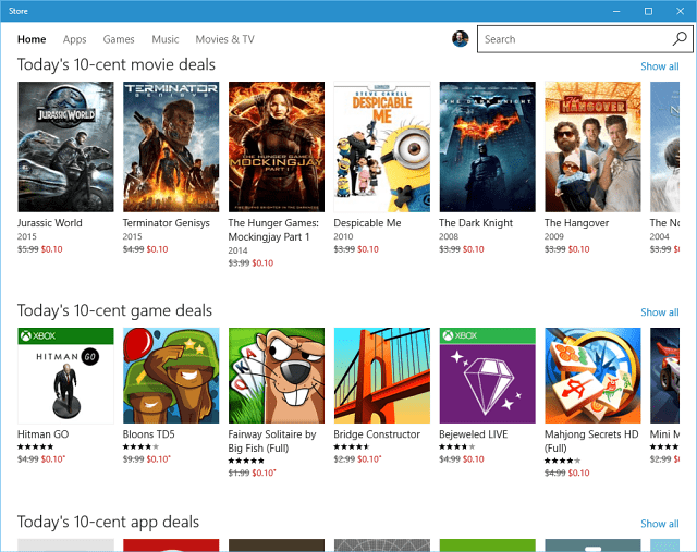 Microsoft piedāvā 10 centu piedāvājumus lietotnēm, mūzikai, spēlēm un filmām