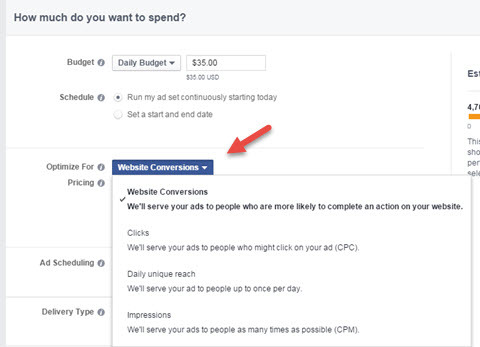 facebook reklāmas reklāmguvumu optimizācijas izvēle
