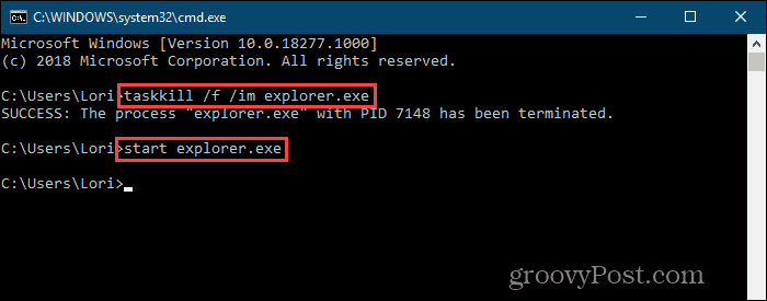 Nogaliniet procesu explorer.exe un restartējiet to komandrindas sistēmā Windows 10
