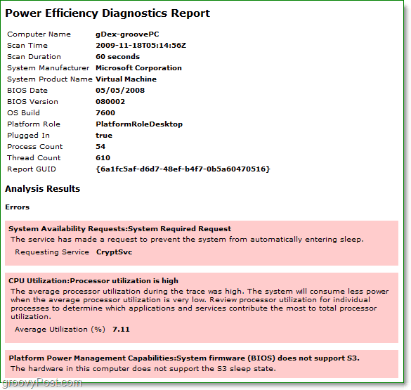 skatiet enerģijas patēriņa diagnostikas ziņojumu par Windows 7 energoefektivitāti